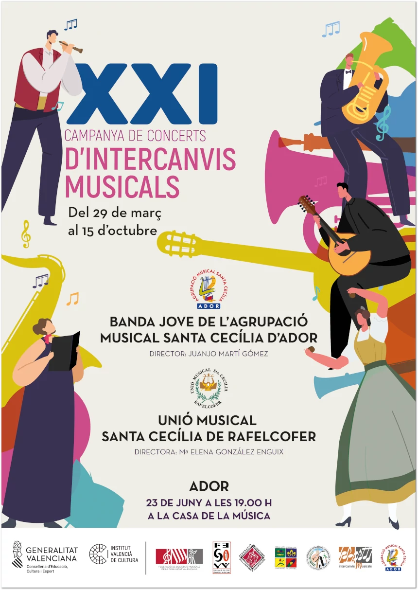 composició gràfica que representa una composició gràfica amb diferents instruments, com a portada del programa de mà del concert de la XXI Campanya de Concerts d'Intercanvis musicals