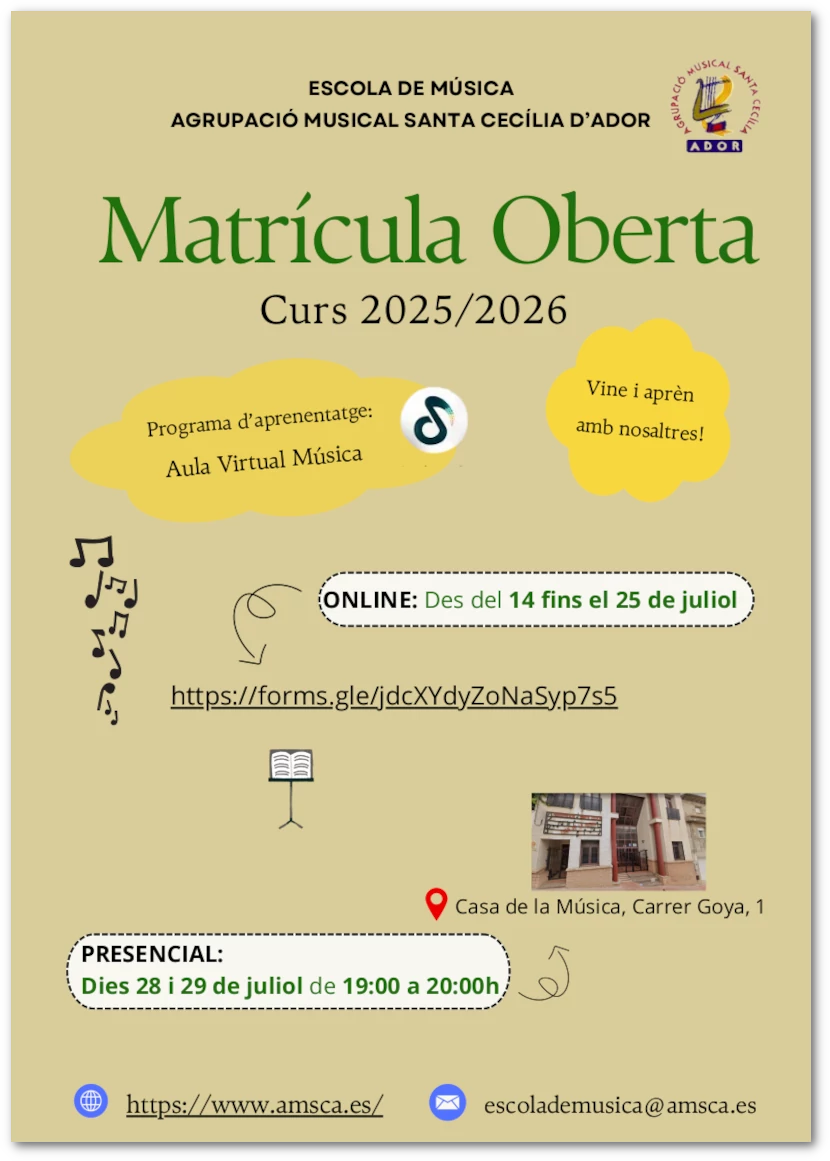 Cartell informatiu Matrícula Escola de Música d'Ador, curs 2025-2026