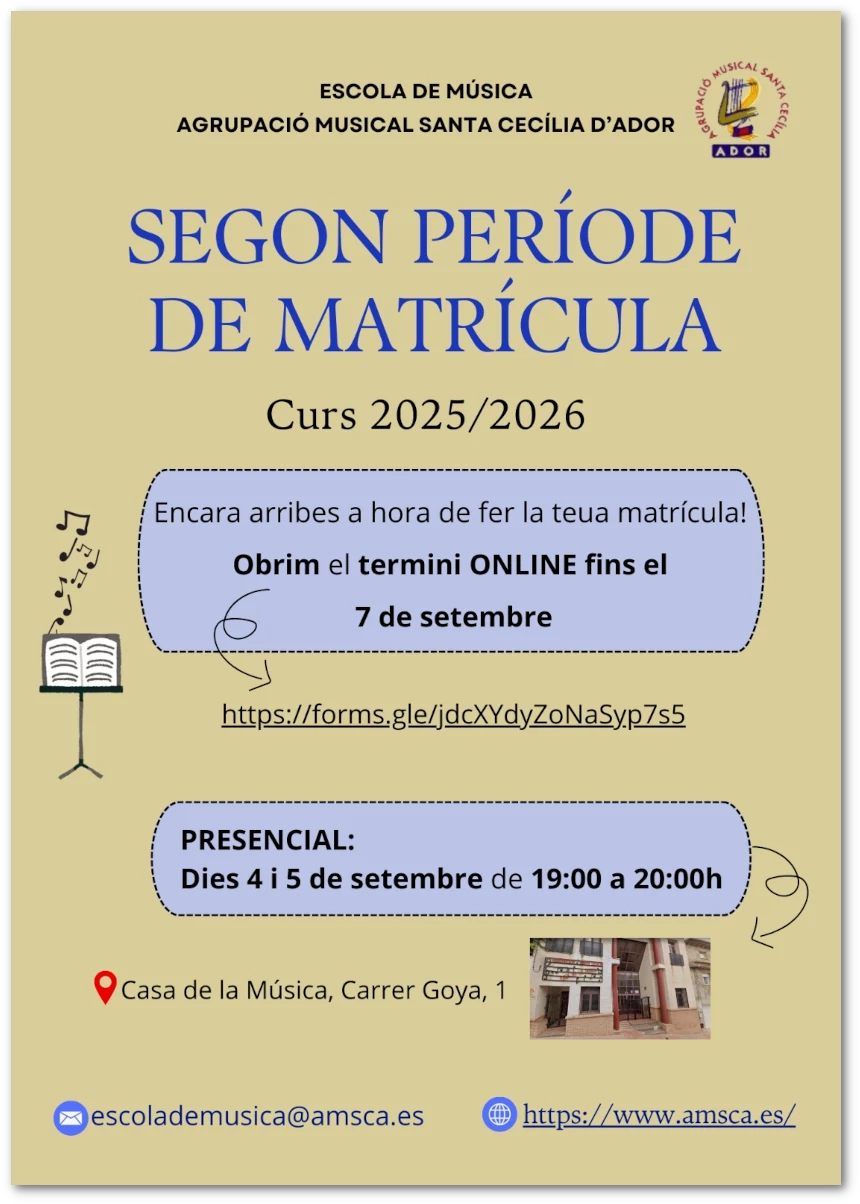 Cartell informatiu període de matrícula Escola de Música Amsca curs 2025-2026 AMSCA