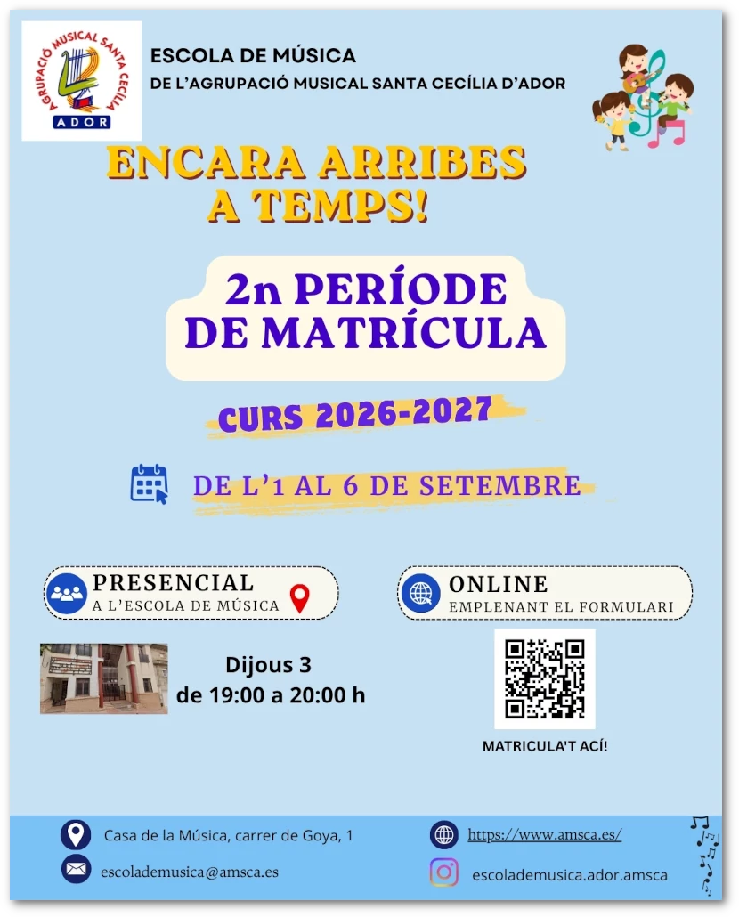 Cartell informatiu 2on període de matricula Escola de Música AMSCA